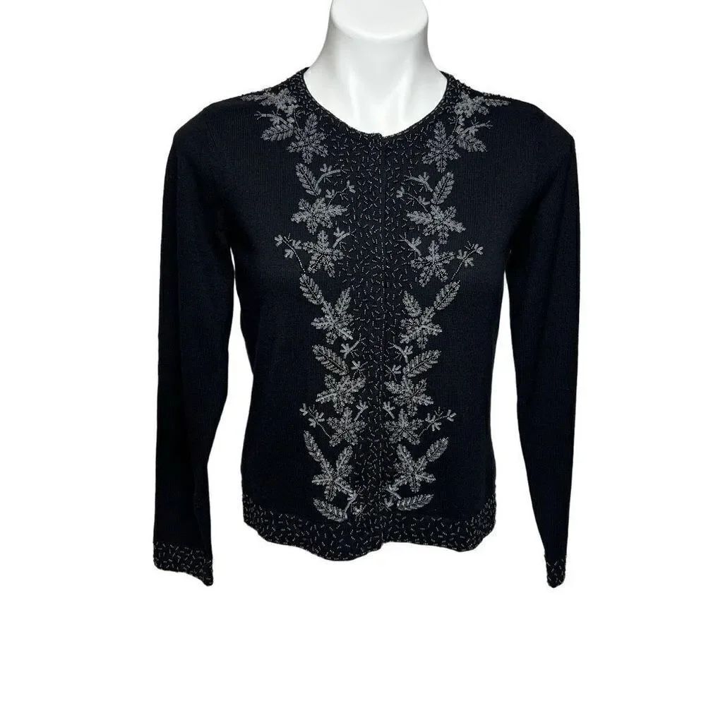 Talbots black beaded silk and cashmere blend snap up cardigan size petite